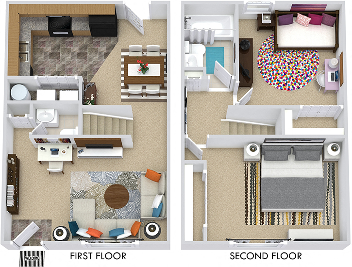 Floor plan for 2 beds, 1.5 baths, 936 sqft